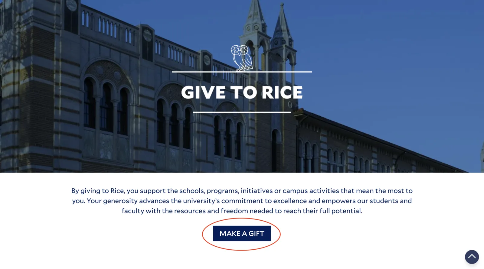 Rice giving website homepage with Make a Gift button highlighted