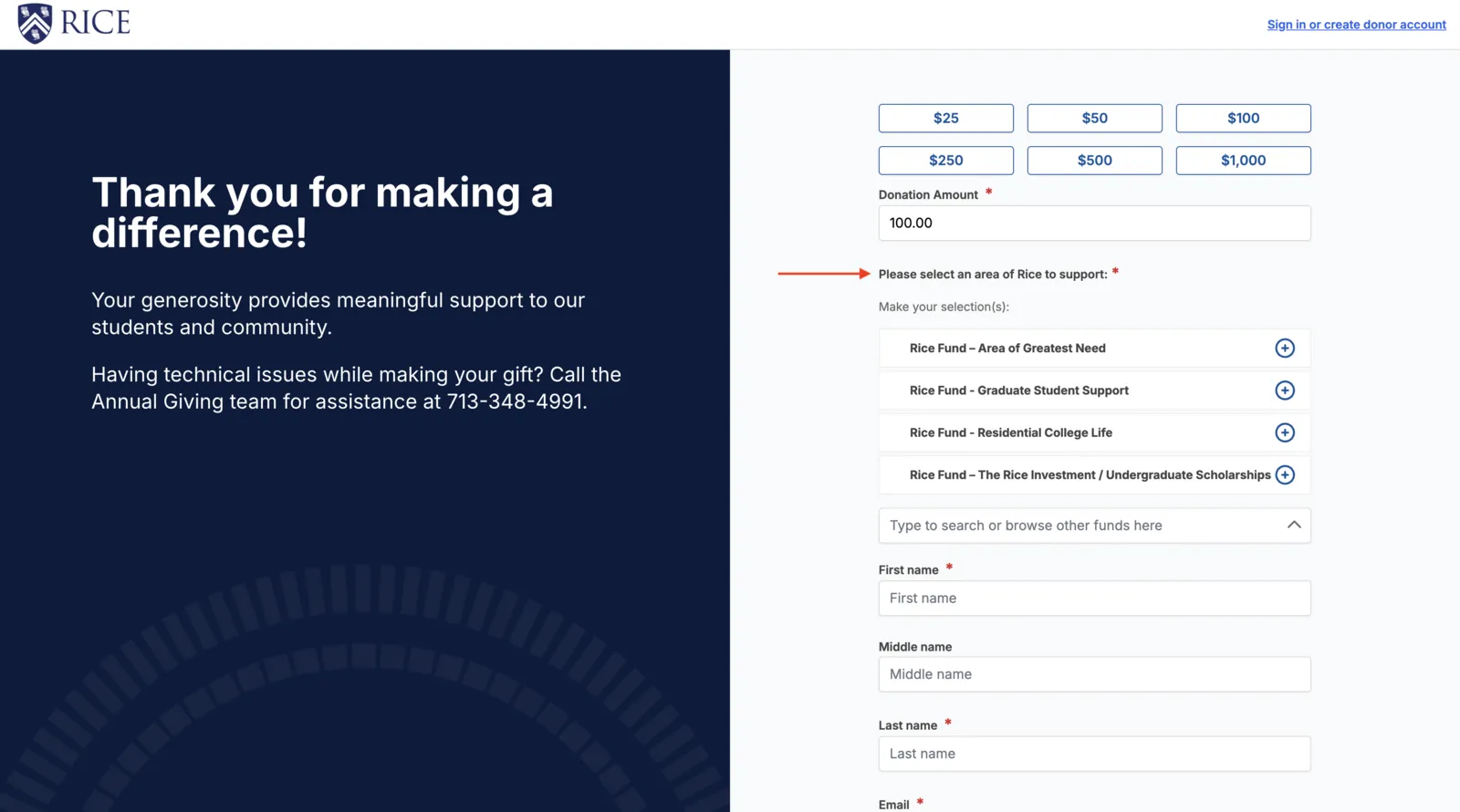 Donation form with the area of support search box highlighted