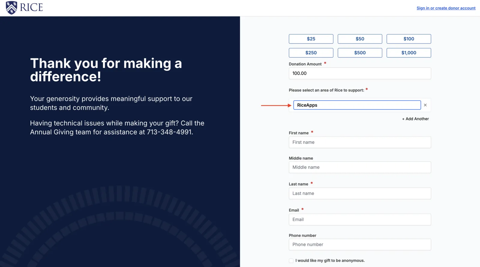 Donation form with RiceApps typed in the designation field